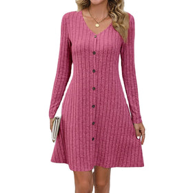 RNSHANGER Fashion Solid Ribbed Knitted Mini Dress Women Button Long Sleeve a Line Dresses Autumn Lady Streetwear Robe Dress