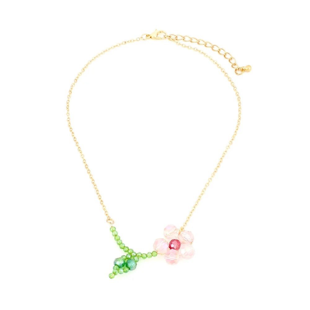 Sweet Design Hand-knitted Floral Collarbone Chain Cute Glass Crystal Flower Pendant Necklace for Women Girls