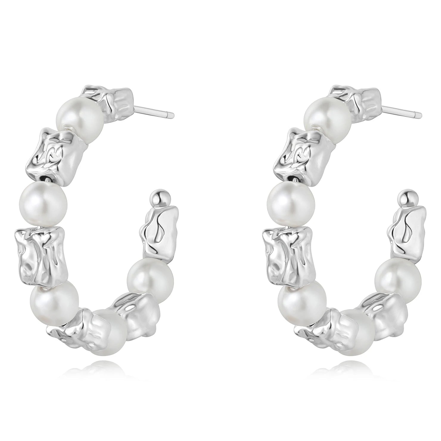 2025 New Brass Electroplated Silver Irregular Metal Beads Pearl Hoop Earrings for Women Jewelry Wholesale