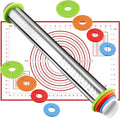 Stainless Steel Rolling Pins with Adjustable Thickness Rings and Fiberglass Pastry Baking Mat Set Rolling Pins & Pastry Boards