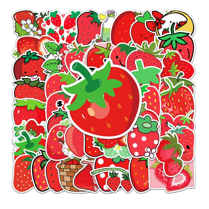 50PCS Cute fruit art decals for kids self adhesive waterproof cartoon red strawberry sticker