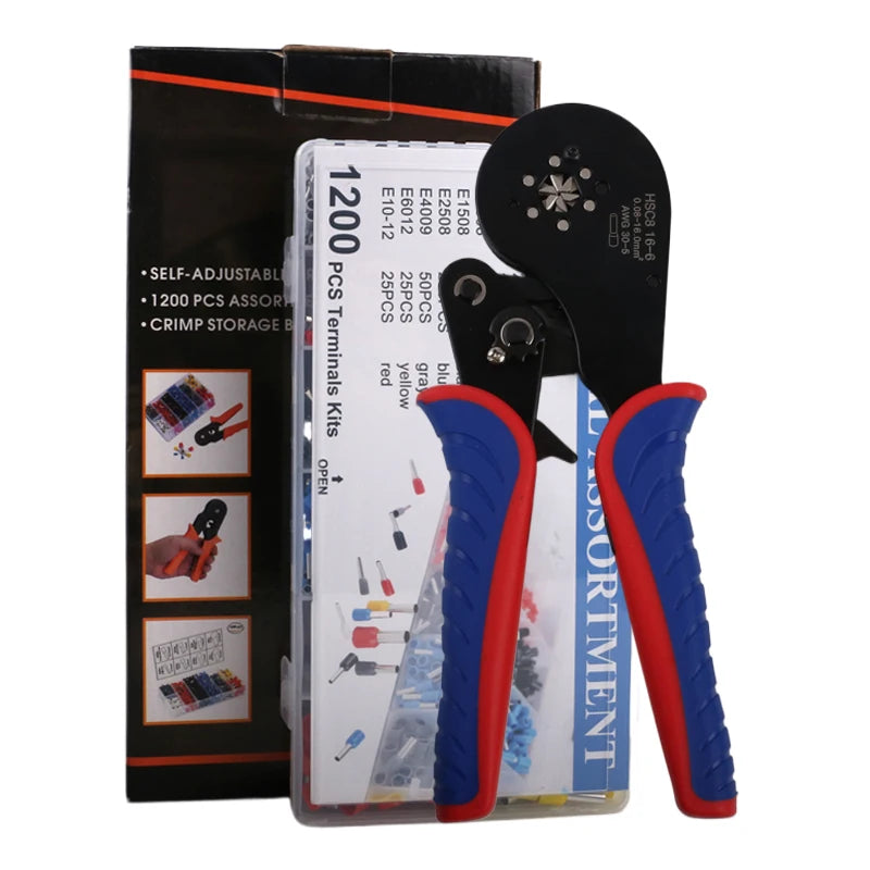 HSC12 16-6 1200PCS 0.08-16mm2 AWG30-5 Multi Functional Ratchet Cable Wire Tubular Ferrules Terminal Crimping Tool Pliers Set