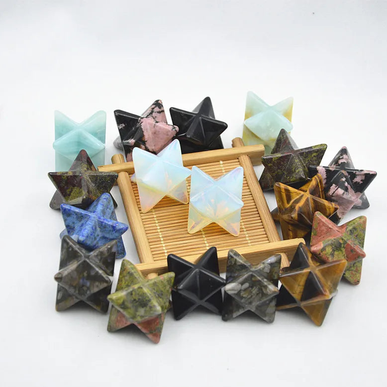 Hongzhuo Wholesale Lot 17pcs Multi-Color Carved Gemstone 1 Inch Merkaba Star Healing Sacred Geometry Chakra Stone Crafts
