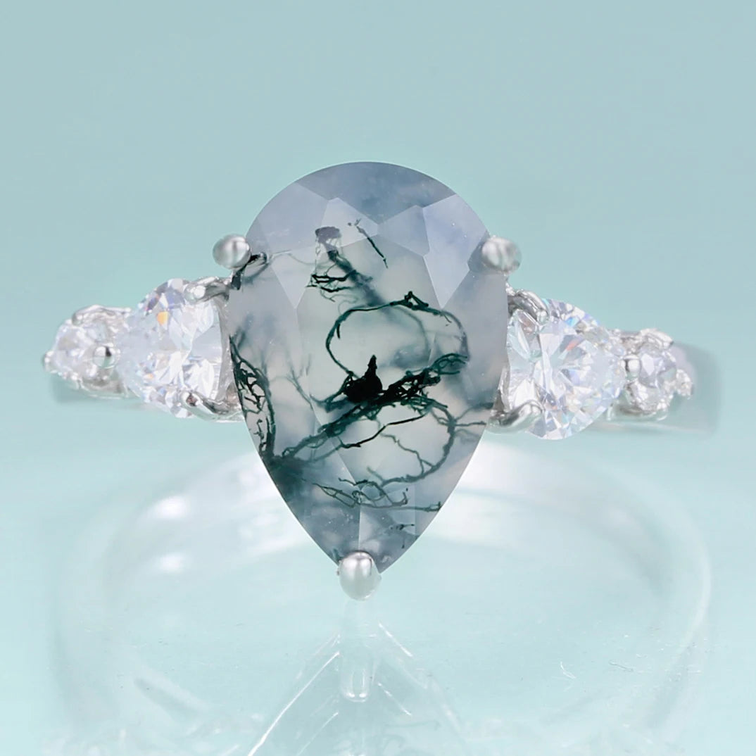 A786 Affordable Luxury 925 Sterling Silver Pear Natural Green Stone Dainty Wedding Manufacturer Moss Agate 925 Silver Ring