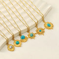 Wholesale Stainless Steel Waterproof Gold Plated Link Chain Trendy Turquoise Eye Sun Hamsa Pendant Necklaces for Women