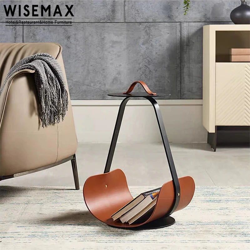 WISEMAX FURNITURE Modern Wholesale Price Saddle Leather Coffee Table Cheap Curved Shape Metal Small Side Tables for Living Room
