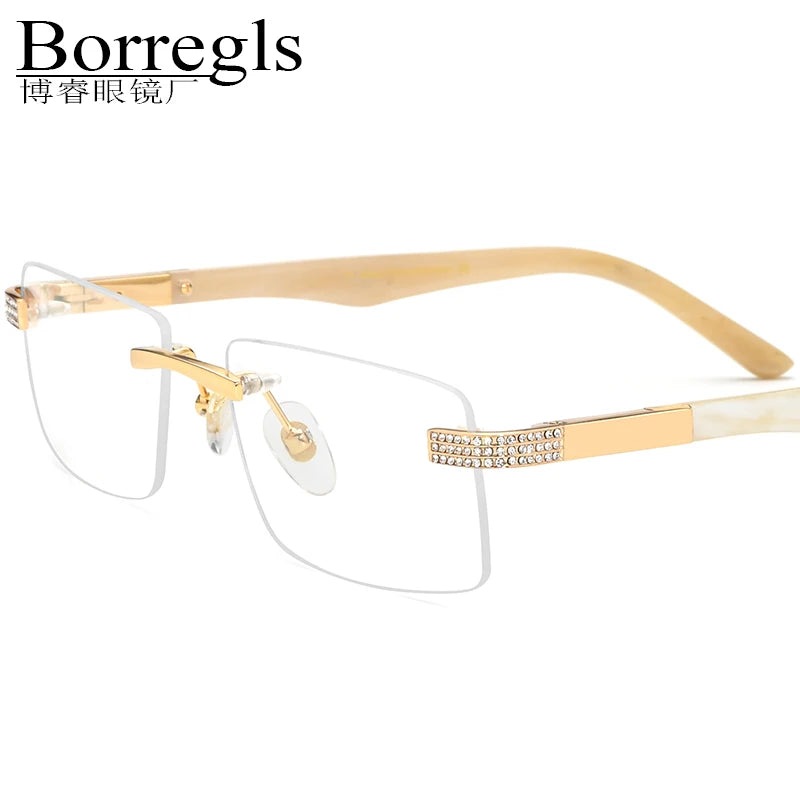 Borregls Buffalo Horn Glasses Men New Brand Designer Diamond Square Buffs Eyeglasses Frames Women Luxury Optical Eyewear 0023