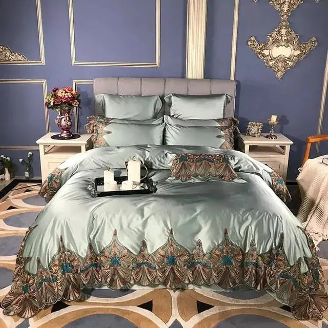 European Palace Style Solid Color Lace Duvet Cover Satin 100%cotton Green Bed Sheet Home Textile Bedding Sets Wholesaler