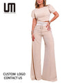 Liu Ming Trending 2025 Spring Summer New Women Fashion Round Neck Short Sleeve Tops Lace up Wide Leg Pants Casual Set