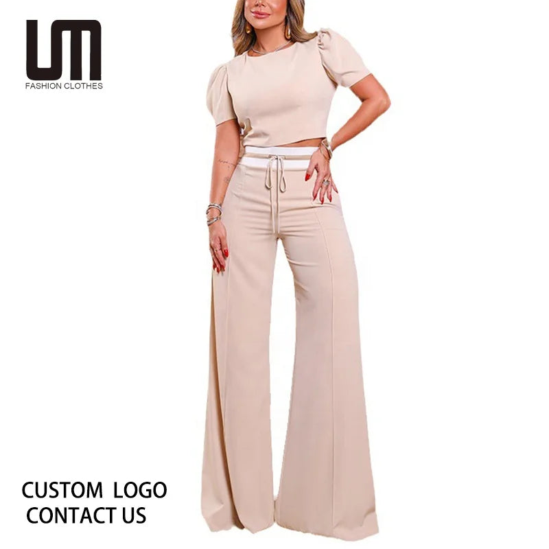 Liu Ming Trending 2025 Spring Summer New Women Fashion Round Neck Short Sleeve Tops Lace up Wide Leg Pants Casual Set