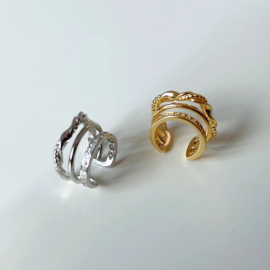 925 Sterling Silver Triple Layered Cubic Zircon Clip Earrings Hollow Twisted Ear Cuffs Women Korean Minimalist Dainty Jewelry