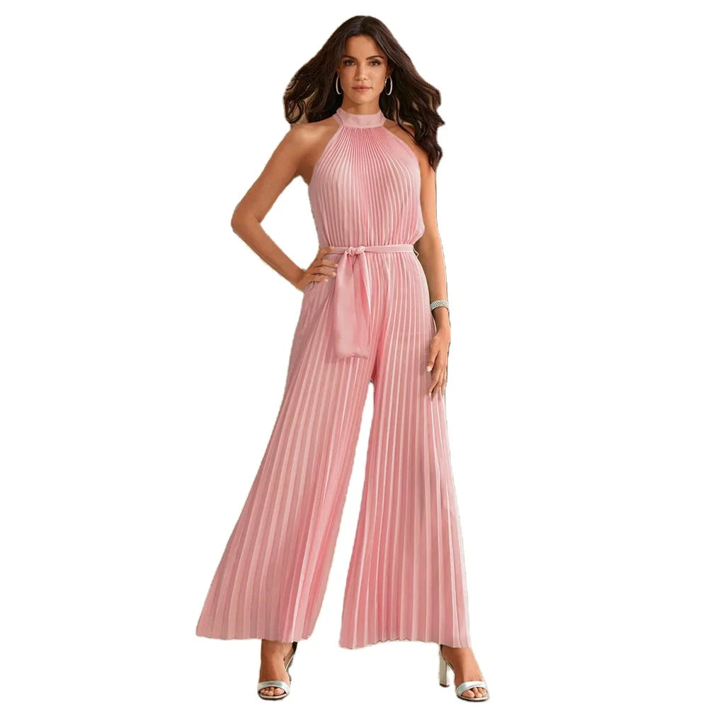 2023 Summer Women's New Sexy Hanging Neck Sleeveless One Piece Pants Lace up Slim Fit Pleated Wide Leg Pants