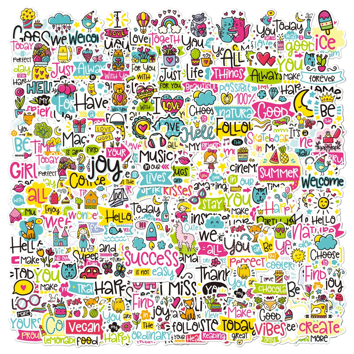 113PCS Cute loving heart shape sticker funny cartoon animals inspirational words thank you decals