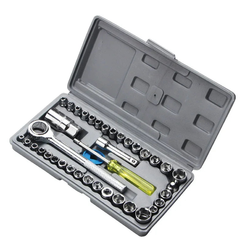 40-Piece Hand Tool Set for Car Vehicle Repair Complete Emergency Toolbox with Combination Wrench & Socket for Home Garage Use