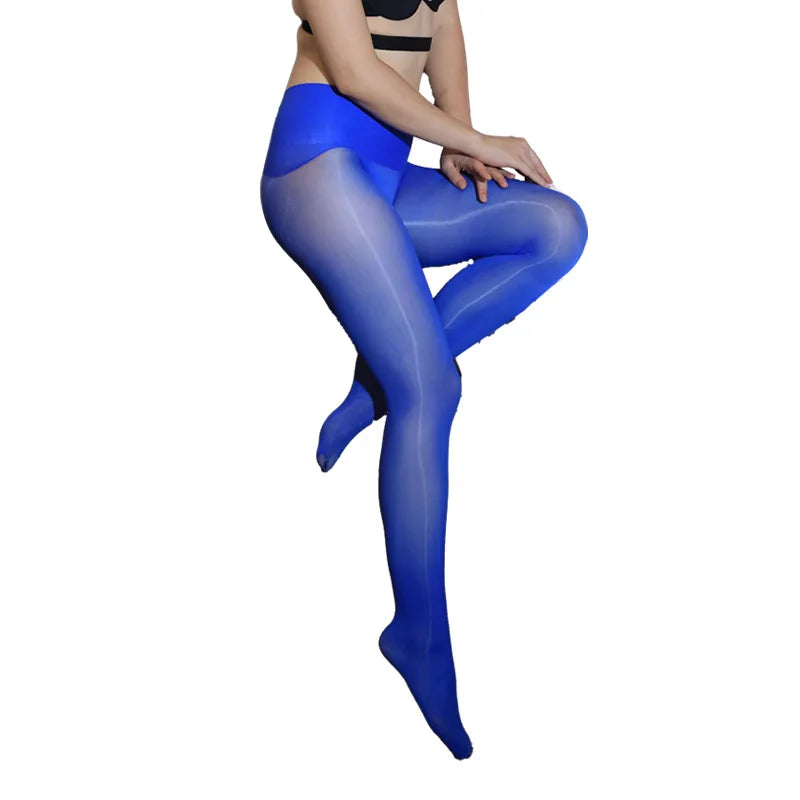 Custom Women's Summer Transparent Knitted Spandex Tights Breathable Thin Glitter Pantyhose Oil-Shine Printed Solid Thigh