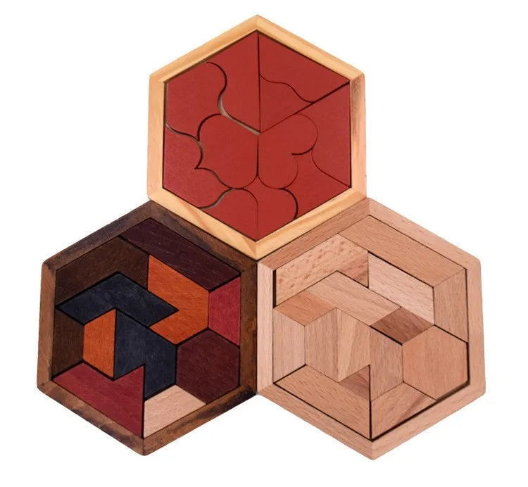 Creative Wooden Hexagon Jigsaw Puzzles Board Geometric Wood Shapes Puzzle Kids Educational Toys