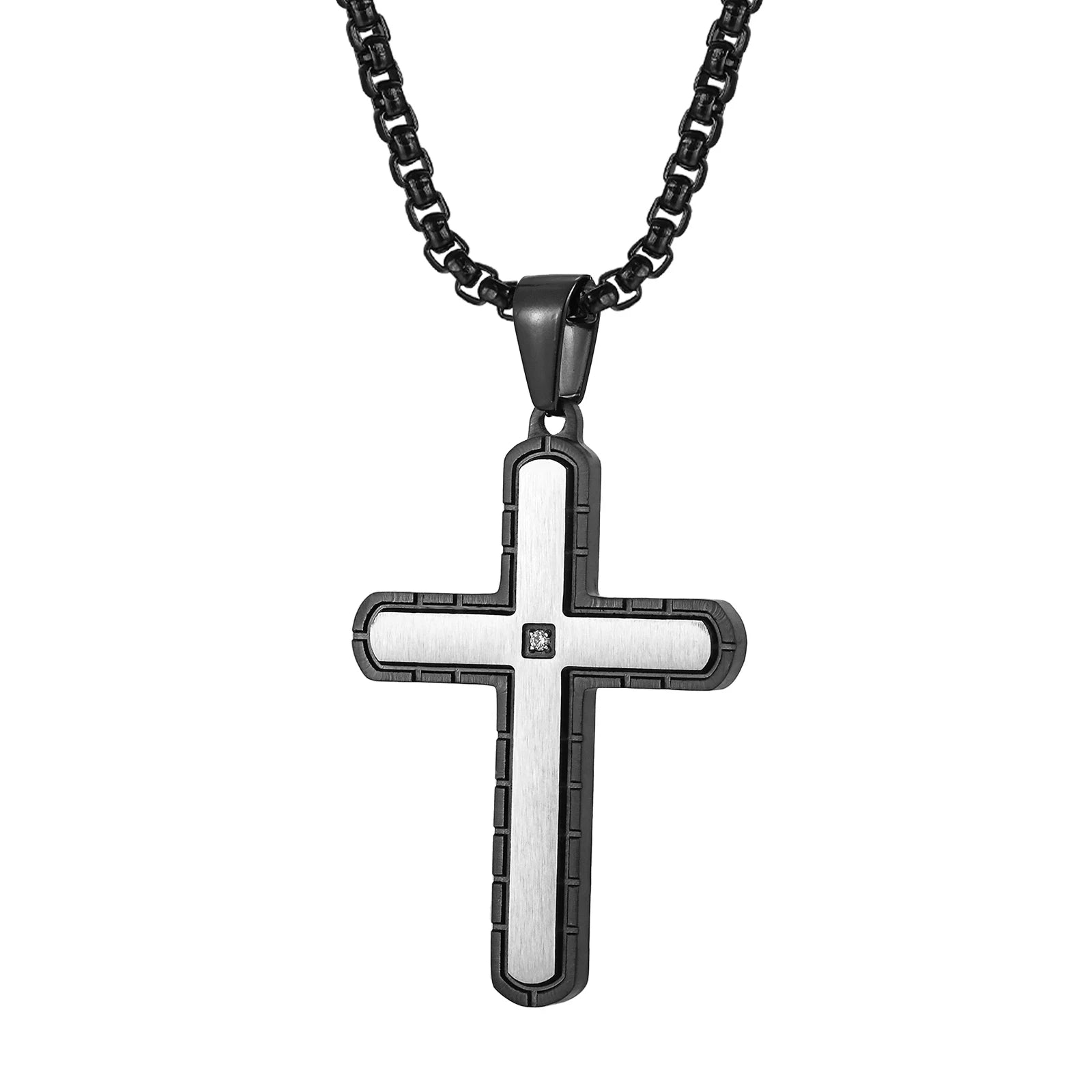 Alin Stainless Steel Classic Engravable Textured Cross Pendant Necklace with Zircon for Men