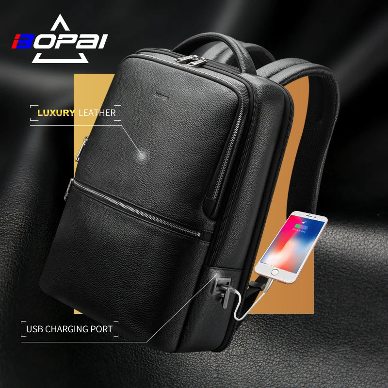 Wholesale High End BSCI Bopai Business Cowhide Anti Theft 15.6 Inch Laptop Usb Charging Custom Men Real Luxury Leather Backpack