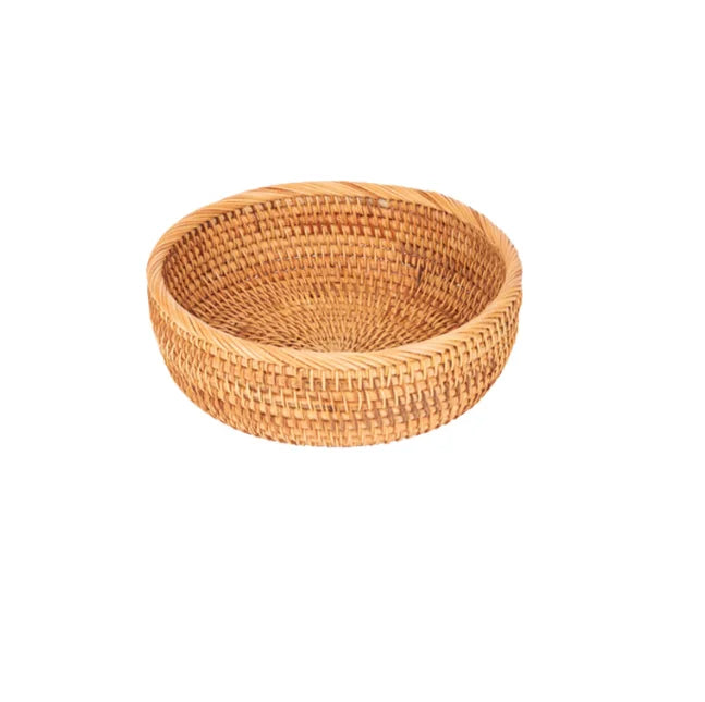 Natural Hand Woven Round Rattan Storage Basket Fruit Snack Sundries Desktop Organizing Box Neatening Storage Solution