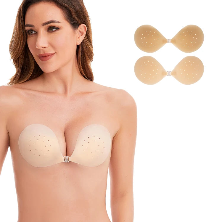 Matte Solid Reusable Skin Colour Invisible Backless Adhesive Push up Breathable Silicone Bra for Wedding Dress