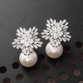 CAOSHI Luxury Cubic Zirconia Snowflake Zircon Pearl Earrings for Ladies Imitated Rhodium Plated CZ Bridal Pendant Earrings Women