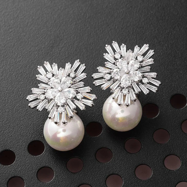 CAOSHI Luxury Cubic Zirconia Snowflake Zircon Pearl Earrings for Ladies Imitated Rhodium Plated CZ Bridal Pendant Earrings Women