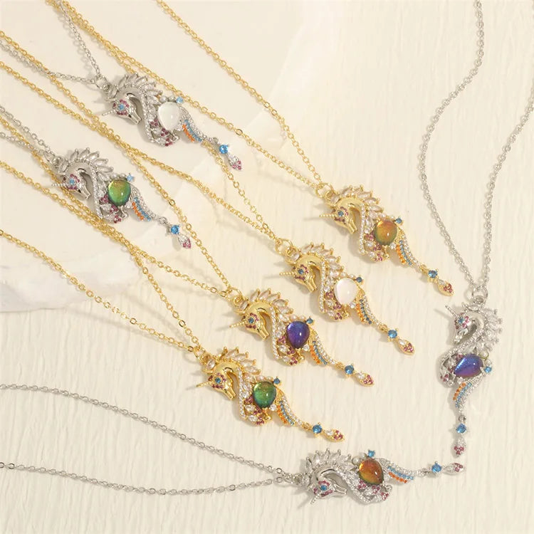 NZ1498 New 18K Gold Plated Marine Animal Jewelry Chic Cubic Zirconia CZ Micro Pave Unicorn Pendant Chain Necklace