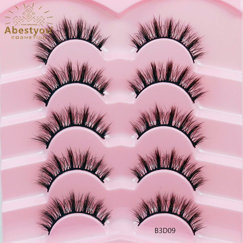 Abestyou 6D Wispy Handmade 10mm DD Curl Fluffy Natural Mink Eyelashes Set 5 Pair Cotton Band Strip Lashes Pleine Bande Eeylashes