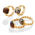 Stainless Steel Pvd 18k Gold Plated Color Open Cuff 4mm Wide Natural Stone Bead Pave Women Ring Fashion Rings Jewelry