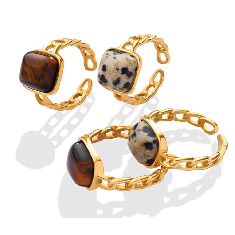 Stainless Steel Pvd 18k Gold Plated Color Open Cuff 4mm Wide Natural Stone Bead Pave Women Ring Fashion Rings Jewelry