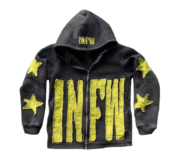 Custom Streetwear Heavyweight Acid Wash Cut and Sew Applique Hoodie Distressed Embroidery Patch Cropped Zip up Hoodies Men