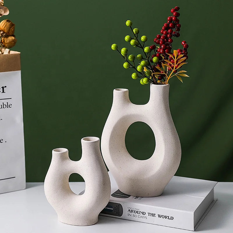 Hollow Porcelain Donuts Vase Home & Garden Decor Modern Wedding Decoration Desktop Abstract Art Ornament Set Flower Green Plant