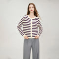 Women's Striped Cardigan Knitted Gold Button O-Neck Sweater with Pocket Cut Knitted Women's Casual Jacket Coat