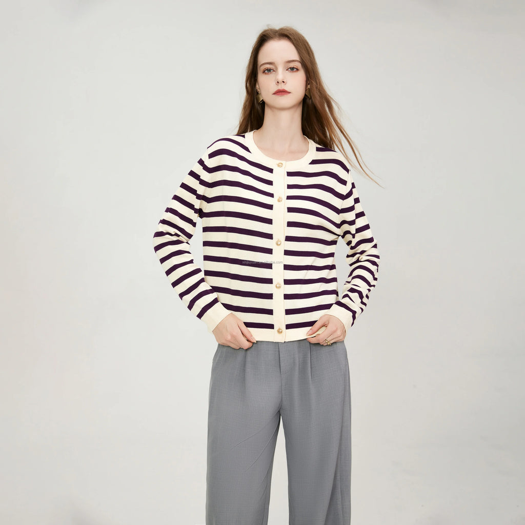 Women's Striped Cardigan Knitted Gold Button O-Neck Sweater with Pocket Cut Knitted Women's Casual Jacket Coat