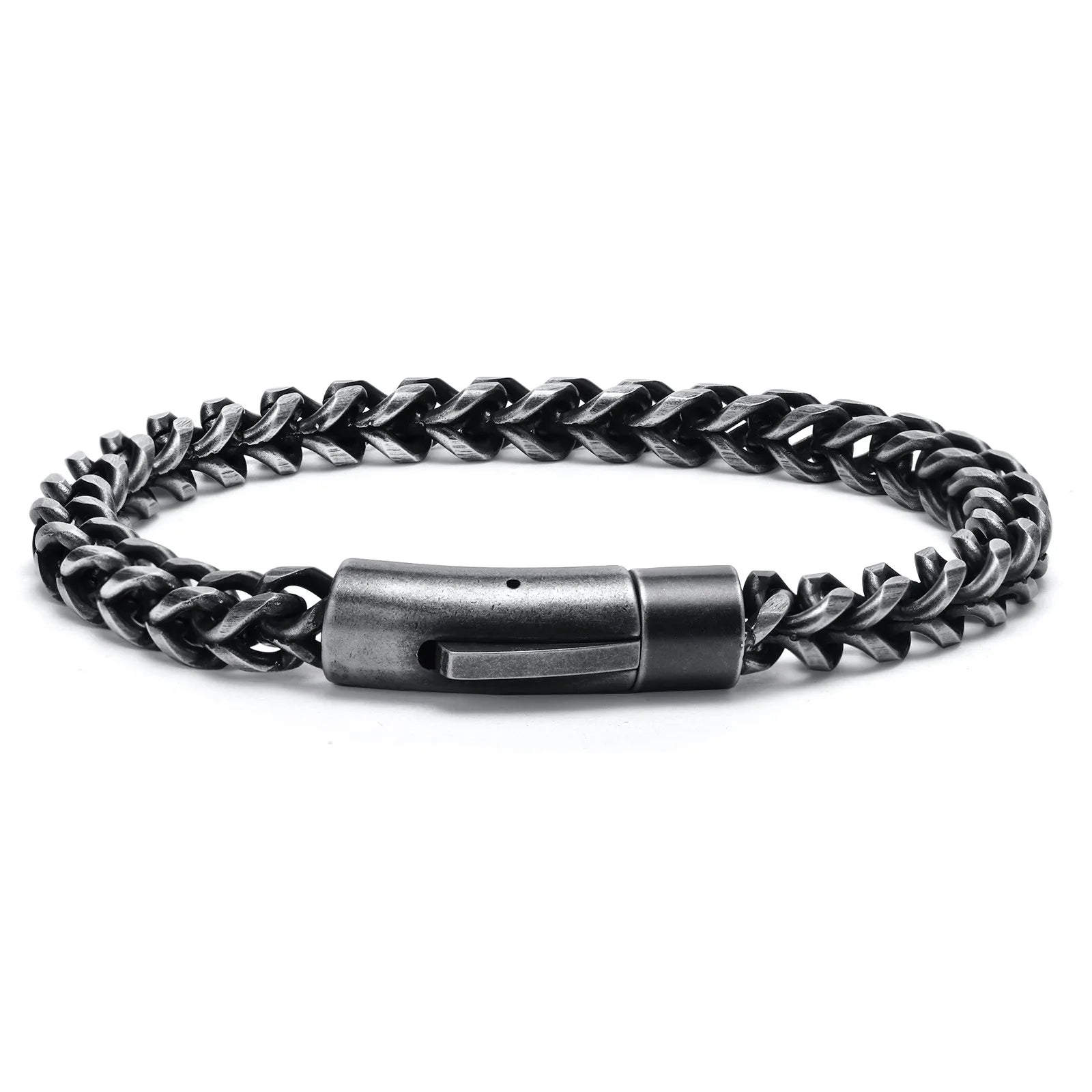 Unique Design Men Retro Press Buckle Stainless Steel Twisted Chain Bracelet Antique Silver Mens Bracelet