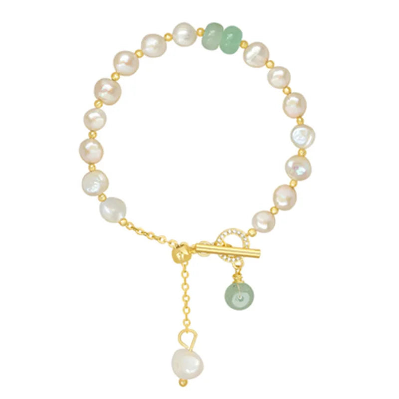 Women's Baroque Freshwater Pearl and Jade Bead Toggle Closure Clasp Bracelet Fashion Charm Design