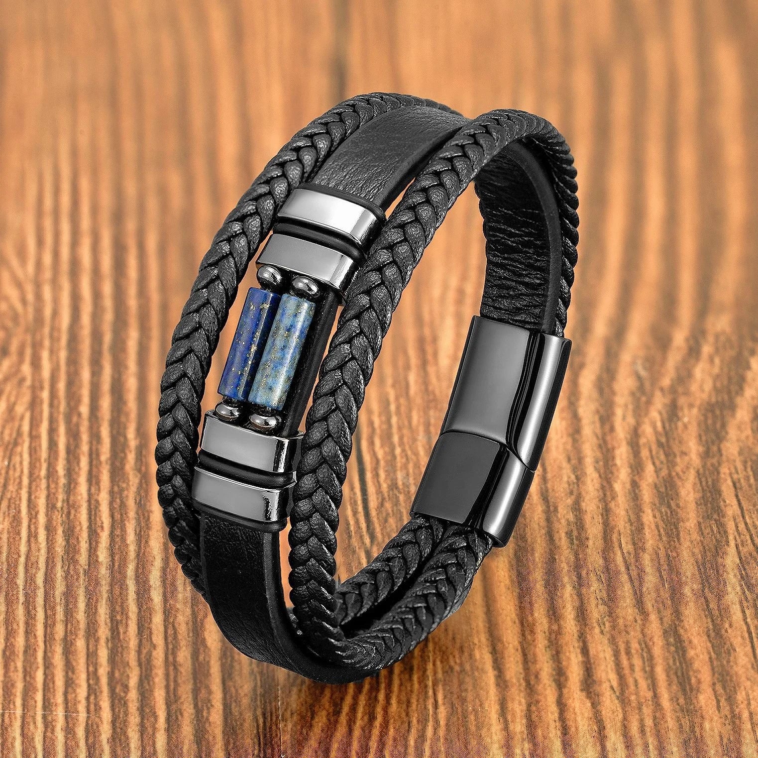 Hot Selling Natural Stone Leather Bracelet Vintage Stainless Steel Geometric Stone Magnetic Buckle Leather Bracelet for Men