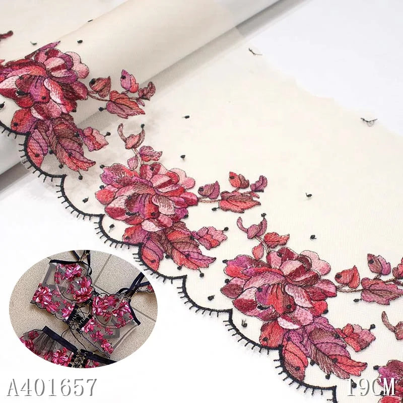OEM 3D Embroidered Lace Trim 19CM Beige Colorful Embroidery Border Lace Trim Mesh Fabrics Lace for Women Dress
