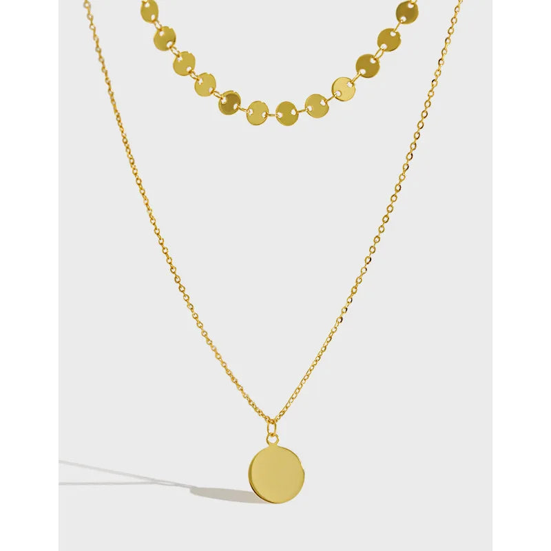 Geometry Round Disc String Sterling Silver Chain Double 18K Gold Link Chain Choker S925 Shiny Disk Choker