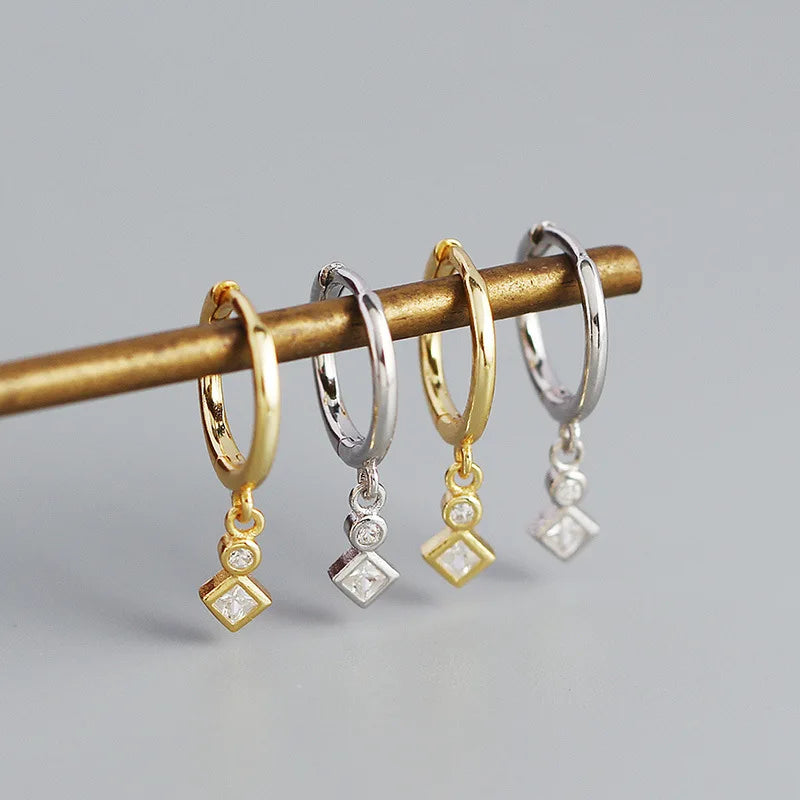 NEW Best Selling 925 Sterling Silver Square Cz Zircon Dangle 18k Gold Plated Minimalist Hoop Earring for Women