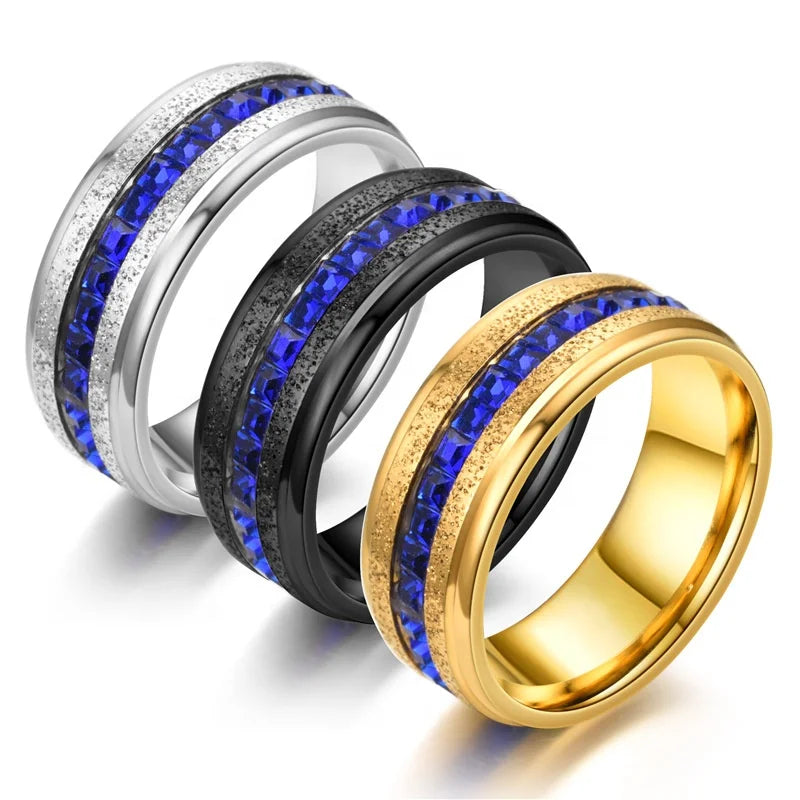 Wholesale New Classic Stainless Steel Square Diamond Ring Blue Dazzling Single Row for Engagement Direct from Factory