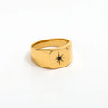 High End 18K Gold Plated Black Stone Starburst Stamp Stainless Steel Rings for Women Tarnish Free Jewelry