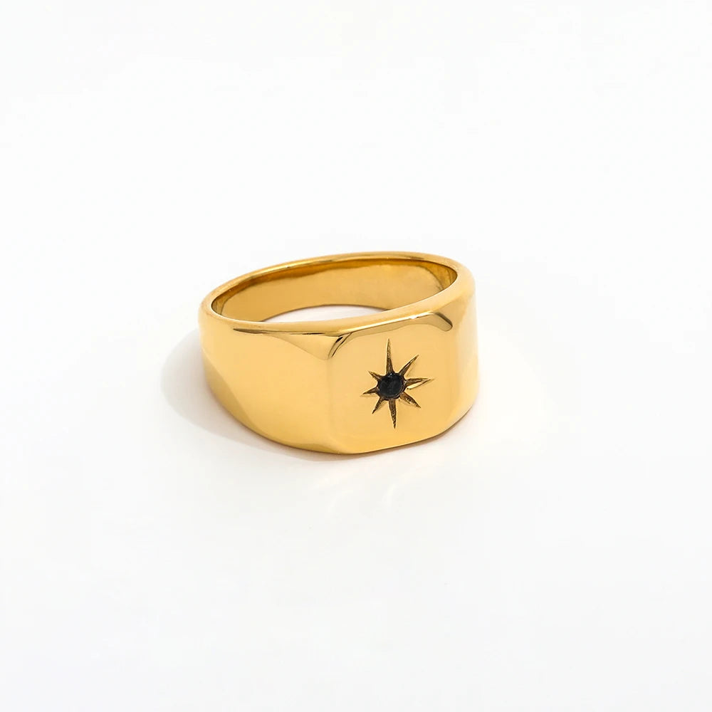High End 18K Gold Plated Black Stone Starburst Stamp Stainless Steel Rings for Women Tarnish Free Jewelry