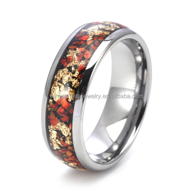 8mm High Polished Silver Tungsten Ring Opal Gold Foil Inlay Men Wedding Bands Trendy Domed Comfort Fit for Engagement Party