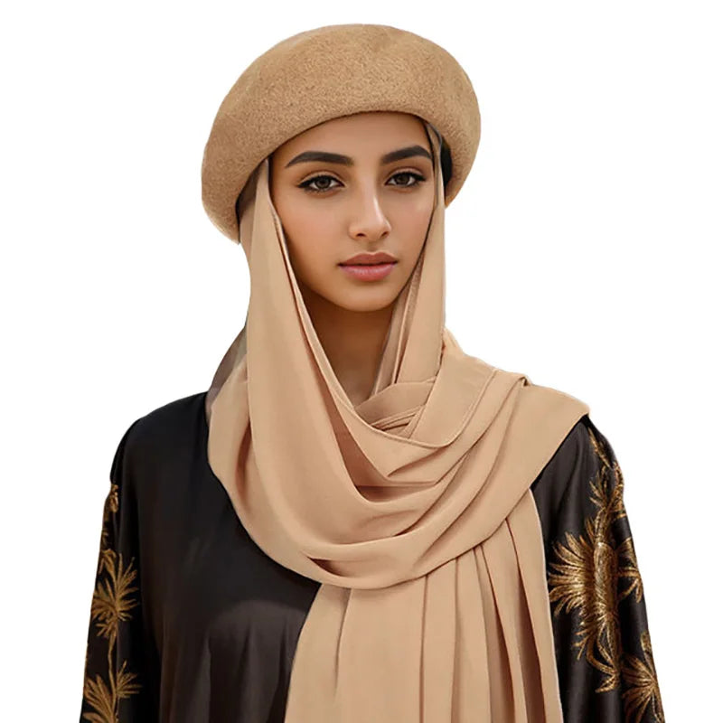 Women Muslim Hijab Cover Long Scarf With Wool Beret Hat Instant Hijab Wrap Scarves Head Scarf Beret Winter Caps