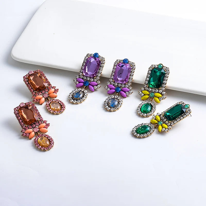 Vintage Colorful Shiny Rhinestone Ethnic Earrings Studs Diamond Glass Drop Earrings for Women