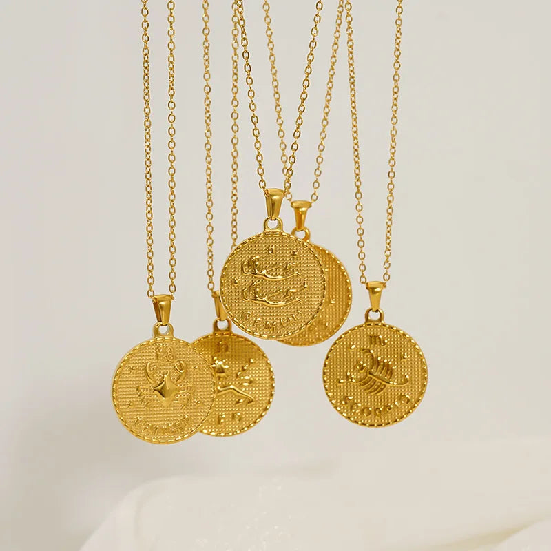 New Trendy 12 Constellations Stainless Steel 18K Gold No Fade Zodiac Pendant Unisex Geometric Necklace