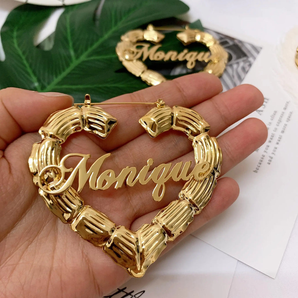 Qiuhan 18K Gold Plated Stainless Steel Custom Name Heart Bamboo Earrings - Personalized Jewelry Gift for Women