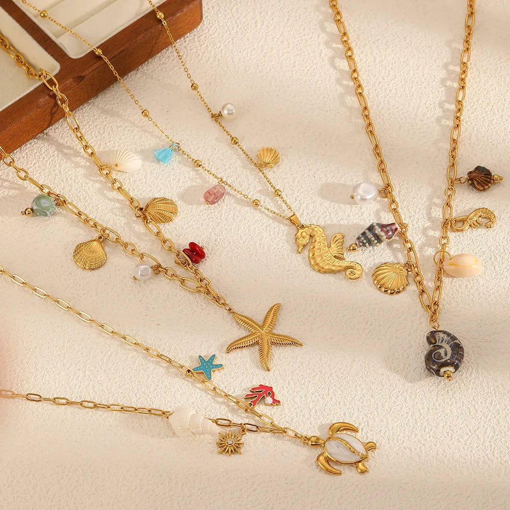 Wholesale 18K Gold Plated Stainless Steel Non Tarnish Waterproof Jewelry Starfish Pendant Necklace Ocean Charm Necklace