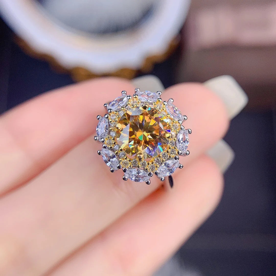 Silver 925 Original 2 Carat Brilliant Cut Diamond Test Past Yellow Moissanite Snowflake Ring New Arrival Shiny Gemstone Jewelry